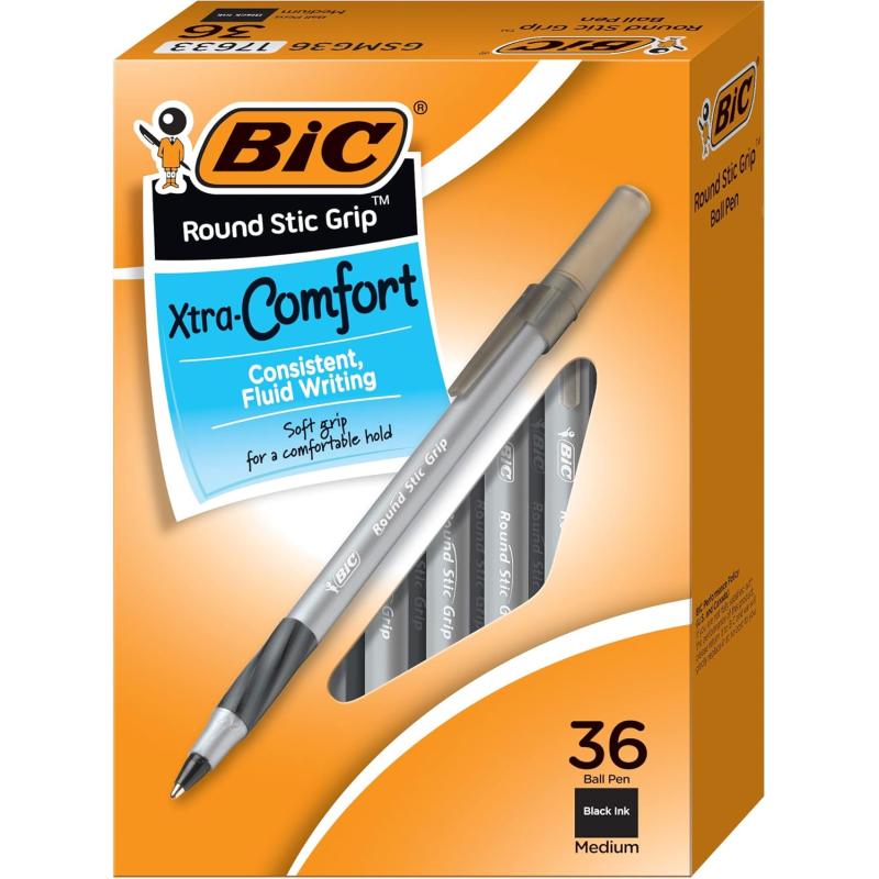 BIC Round Stic Grip Xtra Comfort Black Ballpoint Pens Medium Point 12mm 36Count Pack Perfect Writing Pens With Soft Grip for Superb Comfort and Control