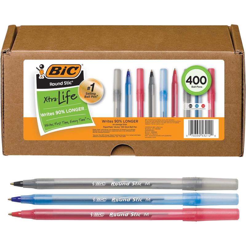 BIC Round Stic Xtra Life Ball Pen Medium Point 10mm Assorted Colors 240CountAssorted