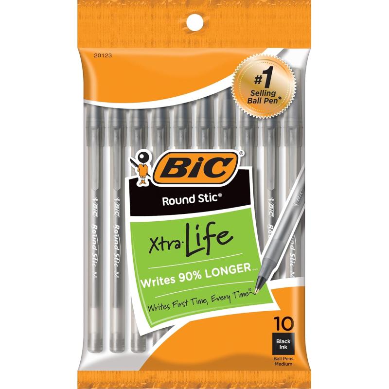 BIC Round Stic Xtra Life Ballpoint Pen Medium Point 10mm Black 10CountBlack