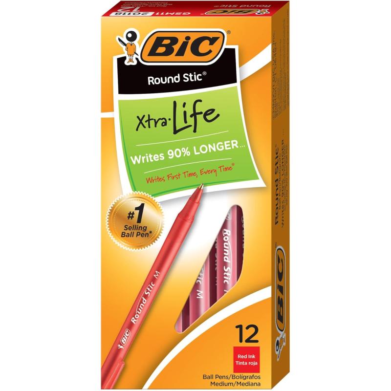 BIC Round Stic Xtra Life Ballpoint Pen Medium Point 10mm Black 10CountRed