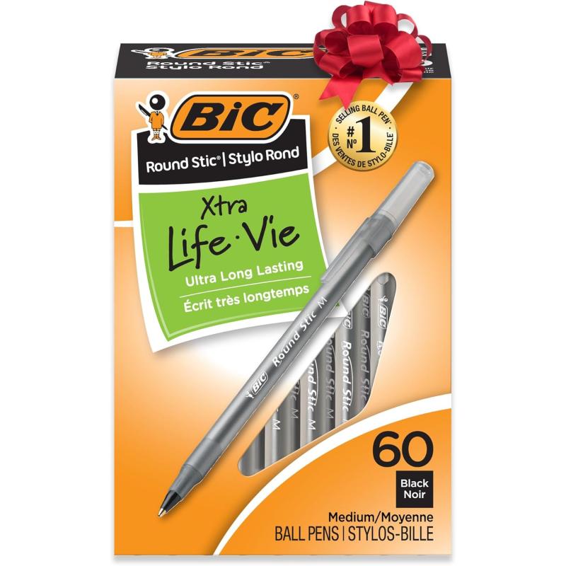 BIC Round Stic Xtra Life Ballpoint Pens Medium Point 10mm Black 60Count Pack Flexible Round Barrel For Writing Comfort Perfect Teacher Appreciation GiftsBlack