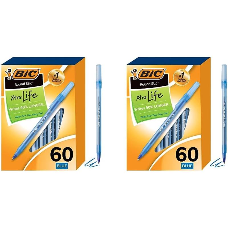 BIC Round Stic Xtra Life Blue Ballpoint Pens Medium Point 10mm 60Count Pack of Bulk Pens Flexible Round Barrel for Writing Comfort No 1 Selling Ballpoint Pens60 Count Pack of 2