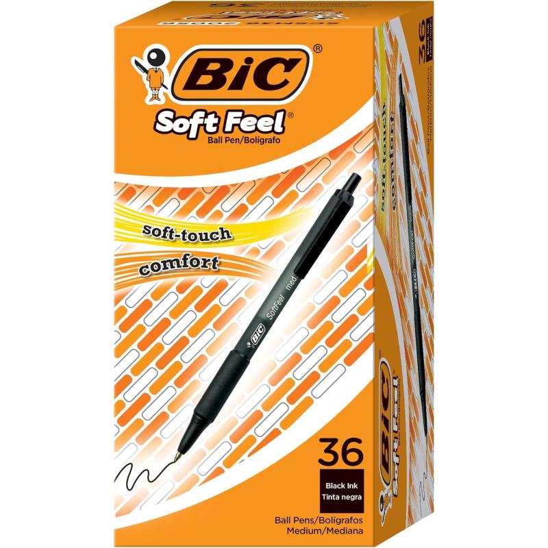 BIC Soft Feel Black Retractable Ballpoint Pens Medium Point 10mm 36Count Pack Black Pens With SoftTouch Comfort Grip36 Count Pack of 1
