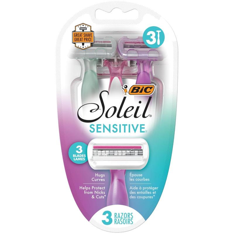 BIC Soleil Sensitive Womens Disposable Razors 3 Blades With Moisture Strip For a Silky Smooth Shave 3 Piece Razor Set1 Count Pack of 3