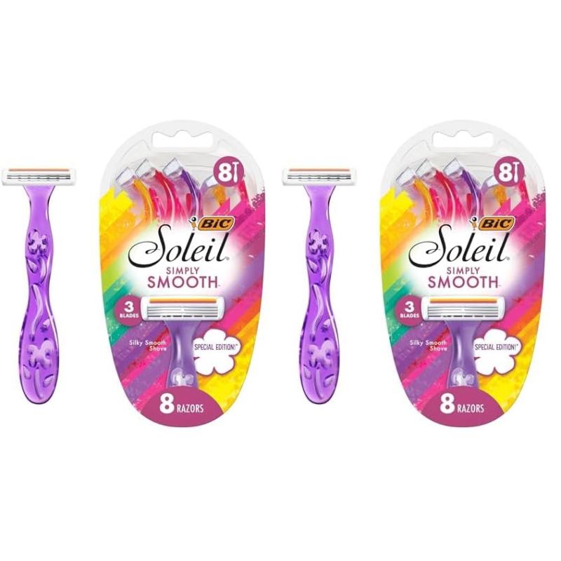 BIC Soleil Simply Smooth Womens Disposable Razors 3 Blades With Moisture Strip For a Silky Smooth Shave 8 Piece Razor Set8 Count Pack of 2