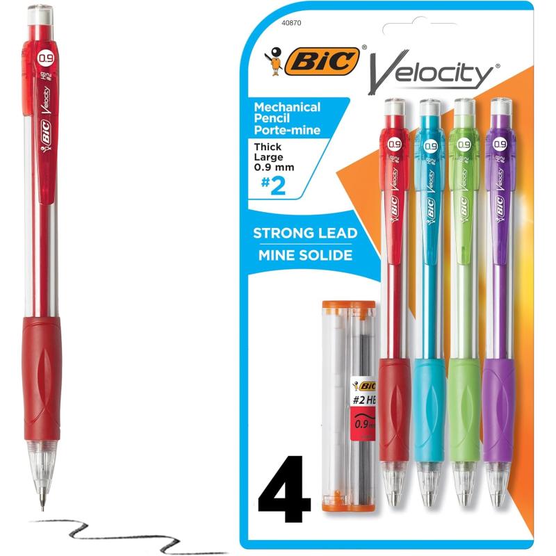 BIC Velocity Strong Lead Mechanical Pencils With Colorful Barrel Thick Point 09mm 5Count Pack Mechanical Pencils With Erasers4 Count Pack of 1
