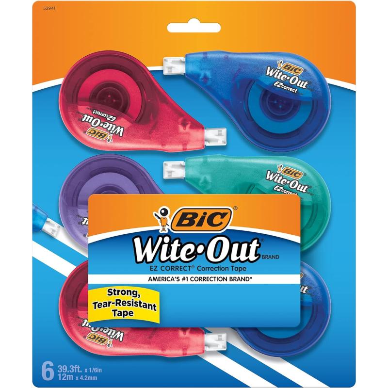 BIC WiteOut Brand EZ Correct Correction Tape White Fast Clean ampamp Easy To Use TearResistant Tape 6Count