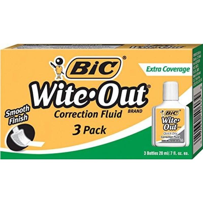BIC WiteOut Brand Extra Coverage Correction Fluid 20 mL White Covers The Toughest Mistakes 3Count