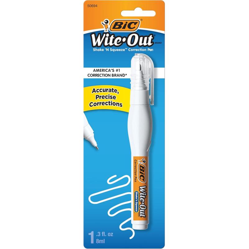 BIC WiteOut Brand Shake n Squeeze Correction Pen 8 ML Fluid 1 Count Pack of white Pens Fast Clean and Easy to Use Pen Office or School Supplies