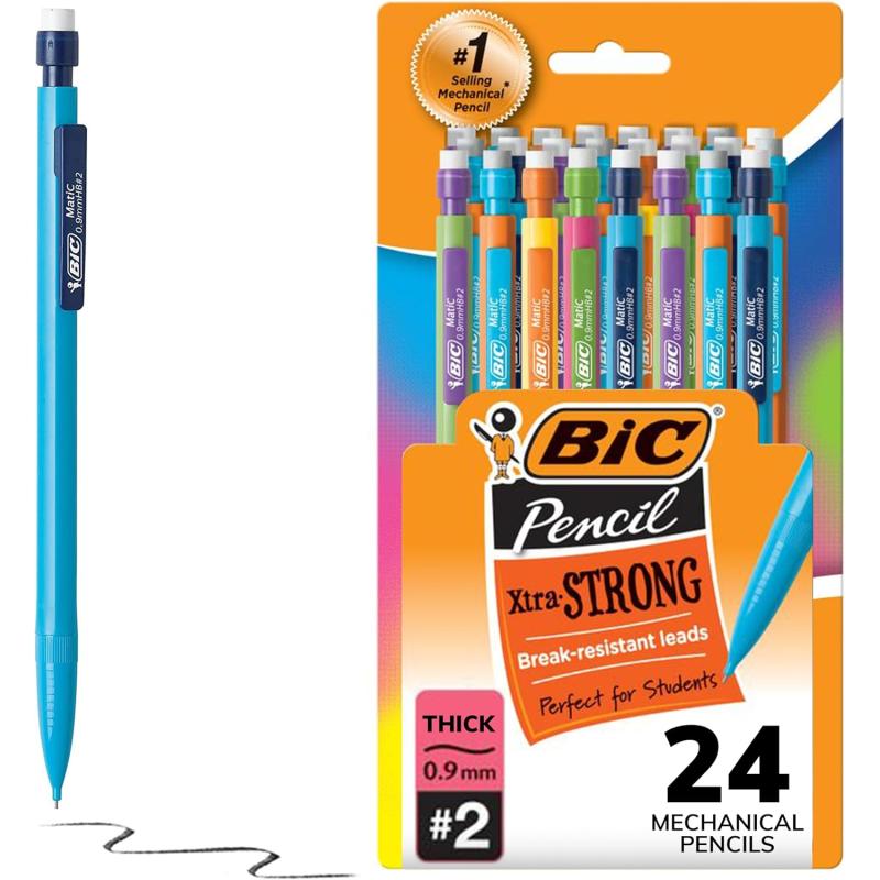 BIC XtraStrong Thick Lead Mechanical Pencil With Colorful Barrel Thick Point 09mm 24Count Pack With Erasers MPLWP24109mm