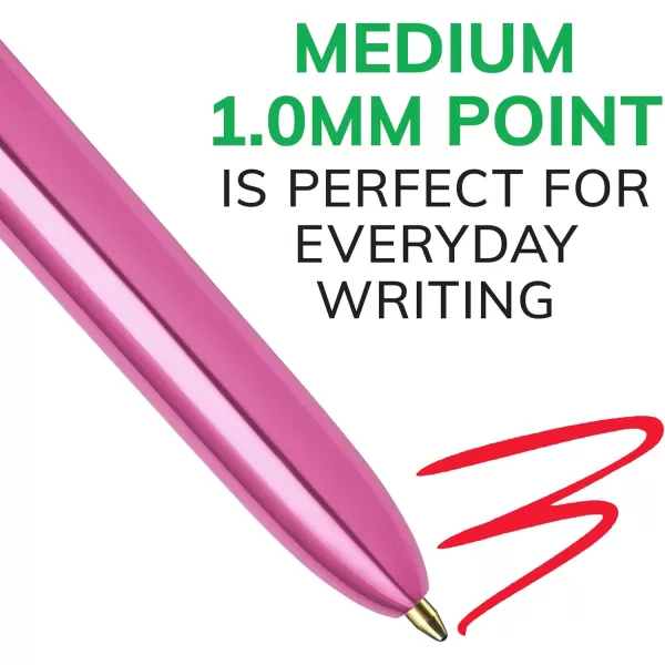 BIC 4Color Shine Retractable Ball Pens Fun Pink Metallic Barrel Medium Point 10mm 3Count Pack Retractable Ball Pen With LongLasting Ink