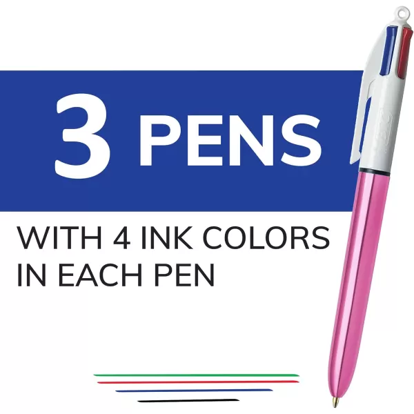 BIC 4Color Shine Retractable Ball Pens Fun Pink Metallic Barrel Medium Point 10mm 3Count Pack Retractable Ball Pen With LongLasting Ink