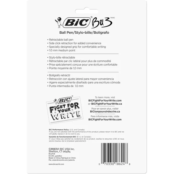 BIC BU3 Grip Retractable Ball Pen Medium Point 10mm Black Comfortable Grip for Smooth Writing 18CountAssorted