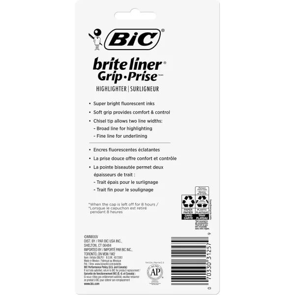BIC Brite Liner Grip Highlighter Chisel Tip 16 mm Assorted Colors For Broad Highlighting ampamp Fine Underlining 5Count