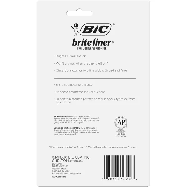 BIC Brite Liner Highlighter with Rubber Grip Chisel Tip Assorted Pack of 4  BLMGP41AASTAssorted
