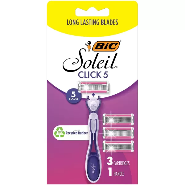 BIC Click 5 Soleil Womens Disposable Razors 5 Blades With a Moisture Strip For a Smoother Shave 1 Handle and 3 Cartridges 4 Piece Razor Set1 Handle  3 Cartridges