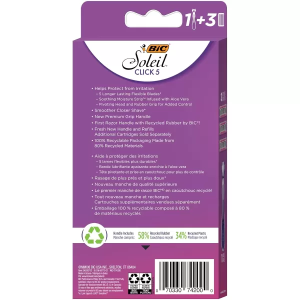 BIC Click 5 Soleil Womens Disposable Razors 5 Blades With a Moisture Strip For a Smoother Shave 1 Handle and 3 Cartridges 4 Piece Razor Set1 Handle  3 Cartridges