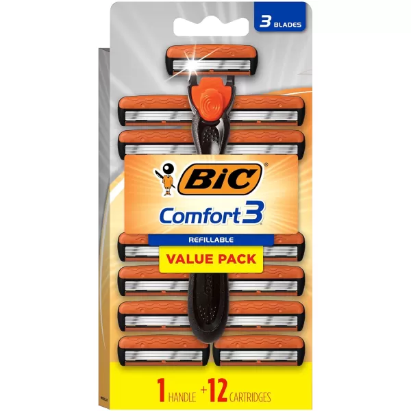 BIC Comfort 3 Refillable ThreeBlade Disposable Razors for Men Sensitive Skin Razor for a Comfortable Shave 1 Handle and 12 Cartridges With 3 Blades 13 Piece Razor KitBlackOrange
