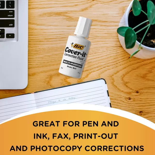 BIC Coverit Correction Fluid 20 mL bottle White MultiPurpose And Complete Coverage 12Count Pack