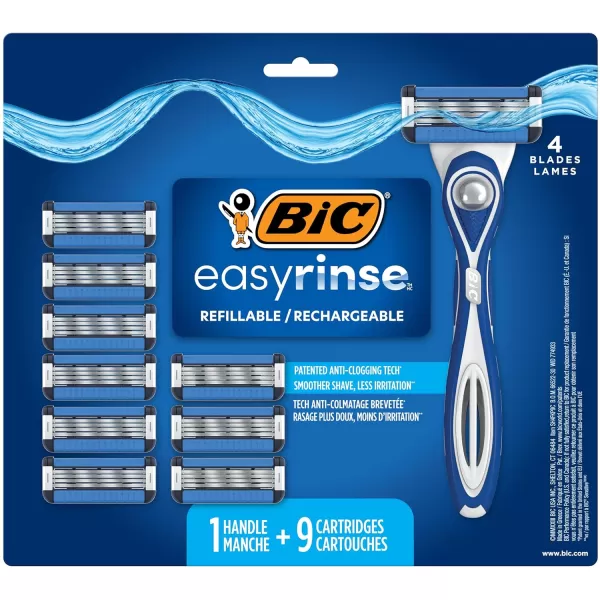 BIC EasyRinse AntiClogging Refillable Mens Razors With 4 Blades 1 Handle and 9 Refill Razor Cartridges Razor KitAssorted