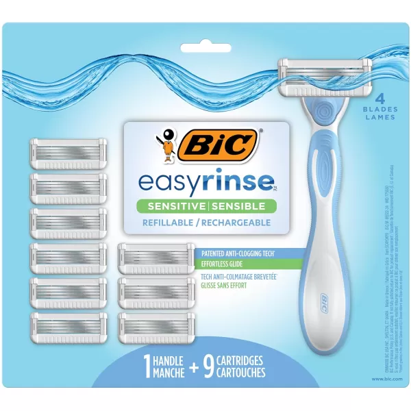 BIC EasyRinse Sensitive AntiClogging Refillable Womens Razors With 4 Blades 1 Handle and 9 Refill Razor Cartridges Razor KitAssorted