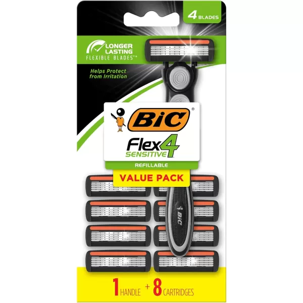 BIC Flex 4 Refillable Refill Razor Cartridges for Men LongLasting 4 Blade Razor Heads for Sensitive Skin 10 Refill CartridgesBlackGreen