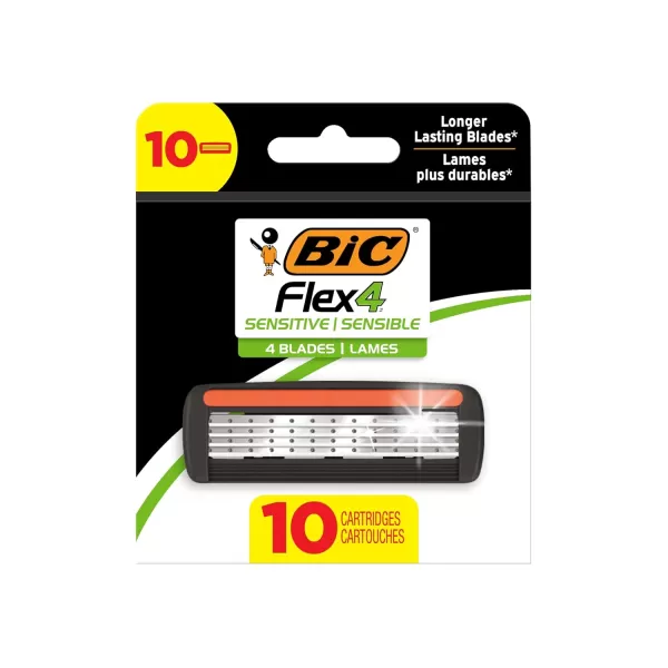 BIC Flex 4 Refillable Refill Razor Cartridges for Men LongLasting 4 Blade Razor Heads for Sensitive Skin 10 Refill CartridgesBlackGreen