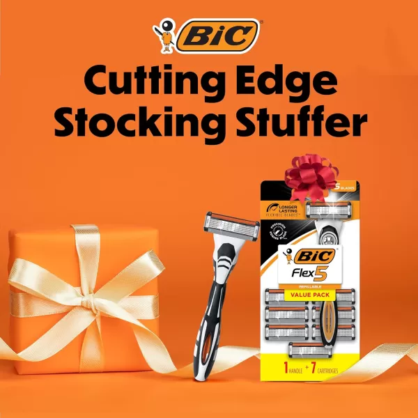 BIC Flex 5 Refillable Mens Holiday Shaving Kit 5Blade Razors 1 Handle and 7 Cartridges 8Piece Gift Set Perfect Stocking Stuffer for Sensitive SkinBlackWhiteOrange