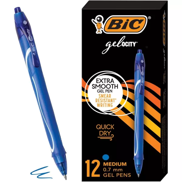 BIC Gelocity Quick Dry Blue Gel Pens Medium Point 07mm 12Count Pack Retractable Gel Pens With Comfortable Full GripBlue
