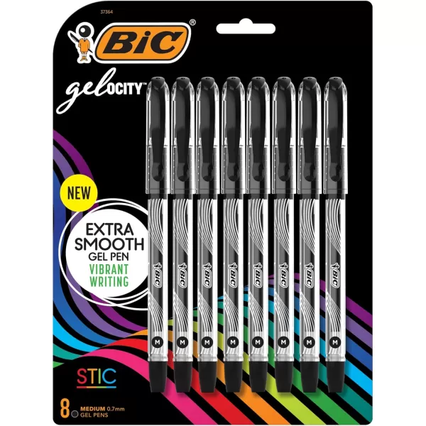 BIC Gelocity Smooth Stic Gel Pen Medium Point 07mm Black Ink 8Count Vibrant and Smooth Gel Ink Pens