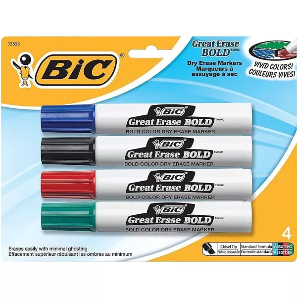 BIC Great Erase BOLD Dry Erase Marker Tank Style Chisel Tip Assorted Colors 4Count