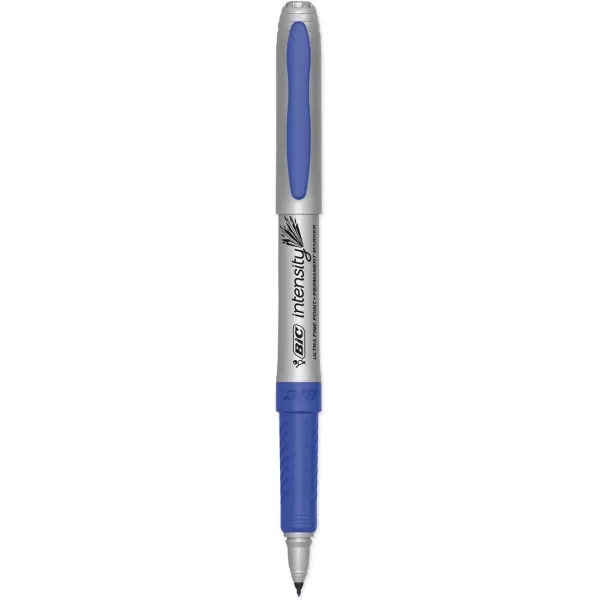 BIC Intensity Blue Permanent Markers Ultra Fine Point 12Count Pack of Blue Markers With NonSlip Grip for Comfort and Control