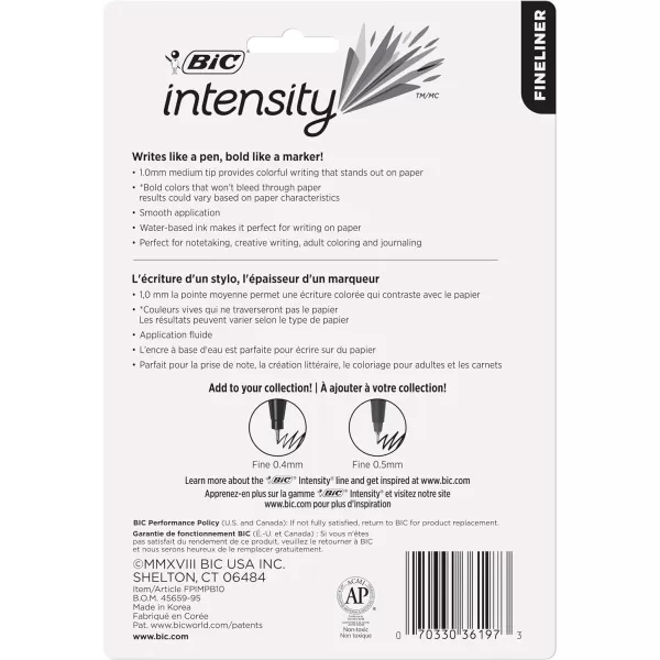 BIC Intensity Fineliner Marker Pen Fine Point 04 mm Assorted Colors 10Count Model Number FPINFAP10Medium Point