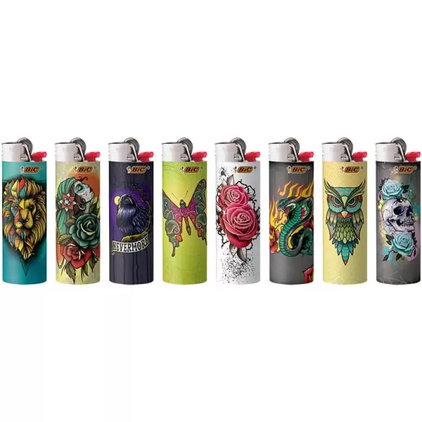 BIC Maxi Pocket Lighter Special Edition Party Animal Collection Assorted Unique Lighter Designs 8 Count Pack of LightersTattoos
