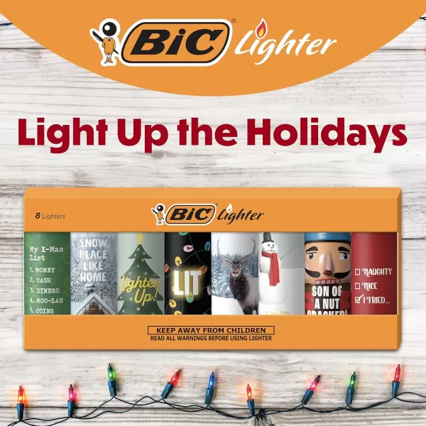 BIC Pocket Lighter Special Edition Holiday Collection Assorted Unique Lighter Designs 8 Count Pack of Lighters Perfect Stocking StufferHoliday