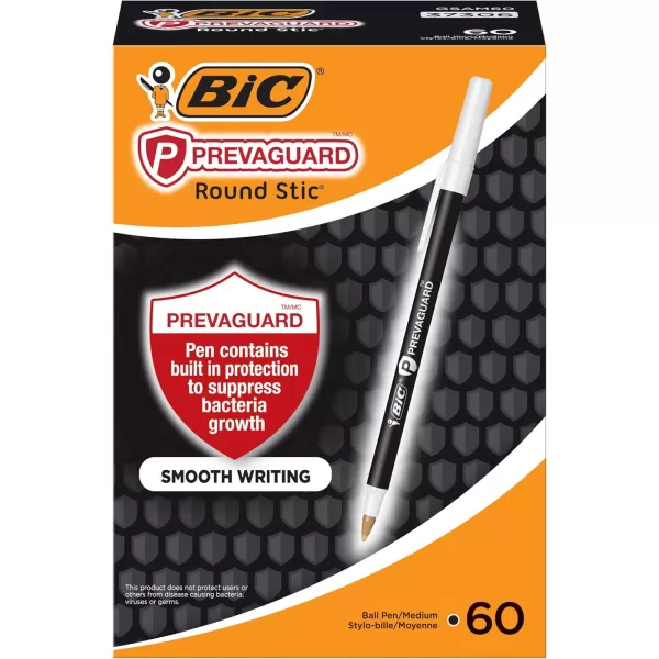 BIC PrevaGuard Round Stic Ballpoint Pen With Builtin Protection To Suppress Bacteria Growth Medium Point 10 mm Black 60Count60 Count Pack of 2
