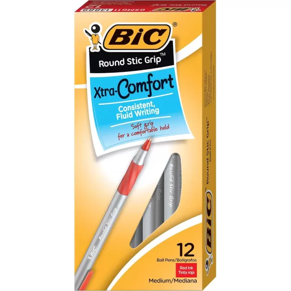 BIC Round Stic Grip Xtra Comfort Ballpoint Pen Medium Point 12mm Red 12Count12 Count Pack of 1