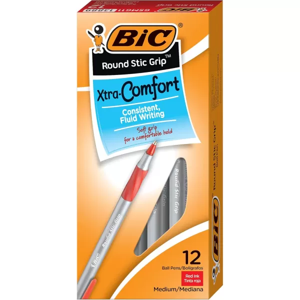 BIC Round Stic Grip Xtra Comfort Ballpoint Pen Medium Point 12mm Red 12Count12 Count Pack of 2