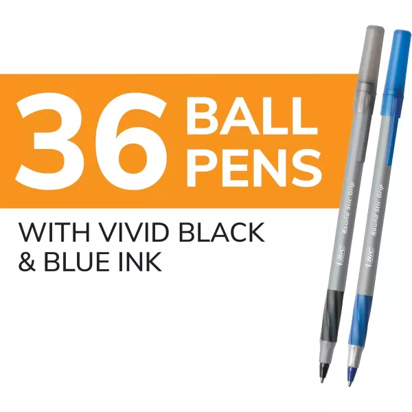 BIC Round Stic Grip Xtra Comfort Ballpoint Pens Medium Point 12mm Ink Pens Black ampamp Blue Soft Grip For Added Comfort And Control 36Count GSMG361AST