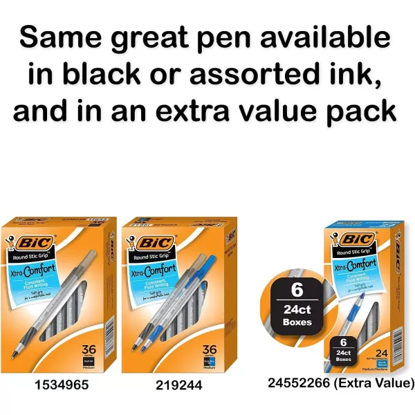 BIC Round Stic Grip Xtra Comfort Blue Ballpoint Pens Medium Point 12mm 36Count Pack Excellent Writing Pens With Soft Grip for Superb Comfort and Control