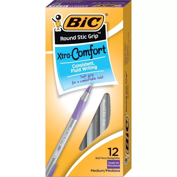 BIC Round Stic Grip Xtra Comfort Fashion Ball Point Pen Purple 12 PackPen