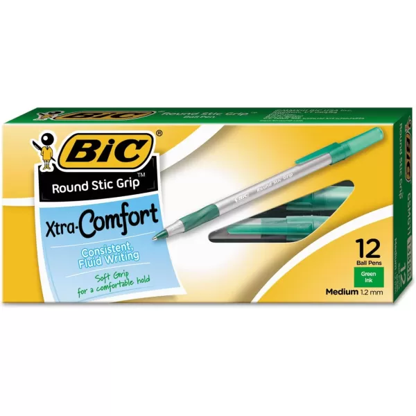 BIC Round Stic Grip XtraComfort Medium Ball Point Pen Green 12 PackPen