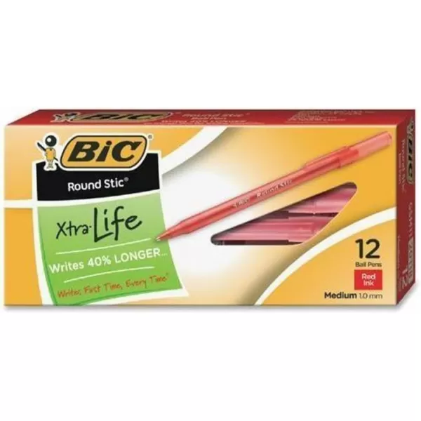 BIC Round Stic Xtra Life Ballpoint Pen Medium Point 10mm Black 10CountRed