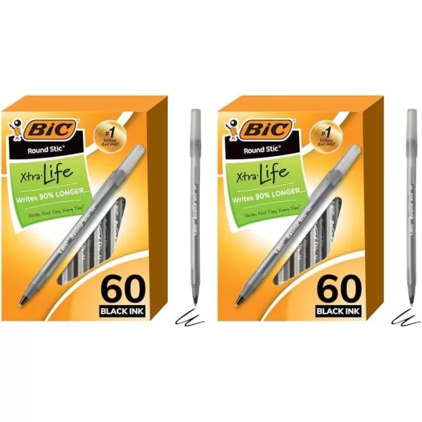 BIC Round Stic Xtra Life Ballpoint Pens Medium Point 10mm Black 60Count Pack Flexible Round Barrel For Writing Comfort Perfect Teacher Appreciation GiftsBlack