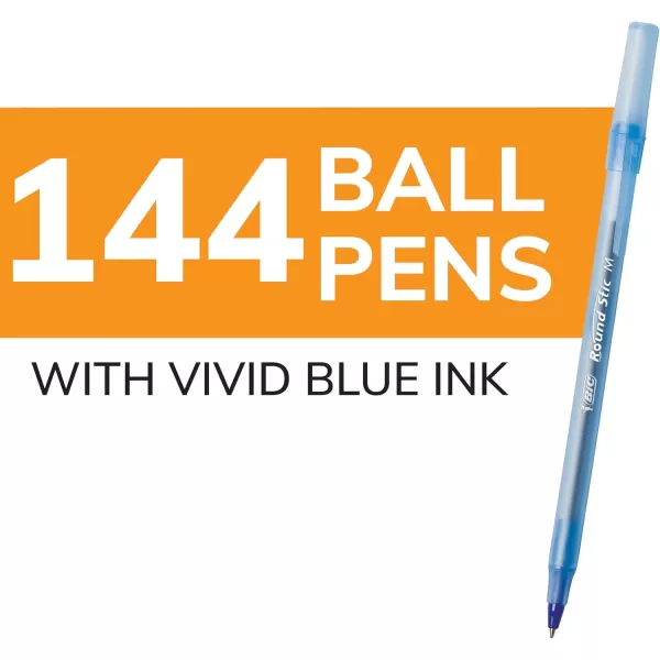 BIC Round Stic Xtra Life Blue Ballpoint Pens Medium Point 10mm 144Count Pack of Bulk Pens Flexible Round Barrel for Writing Comfort No 1 Selling Ballpoint Pens