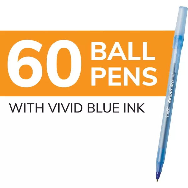 BIC Round Stic Xtra Life Blue Ballpoint Pens Medium Point 10mm 60Count Pack of Bulk Pens Flexible Round Barrel for Writing Comfort No 1 Selling Ballpoint Pens60 Count Pack of 2