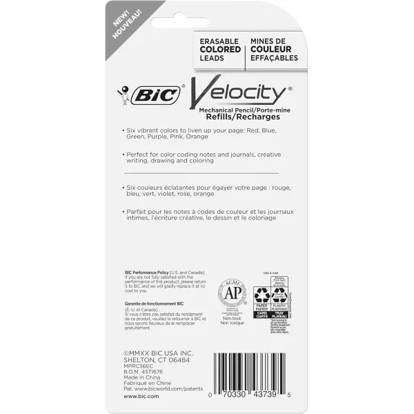 BIC Velocity Colored Lead Mechanical Pencil Refills Medium Point 07mm Assorted Colors 36Count Pack
