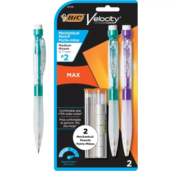 BIC Velocity Max Mechanical Pencils With Colorful Barrel Medium Point 07mm 2Count Pack Mechanical Pencils With Erasers and Lead Refills07mm Black Lead Pencils