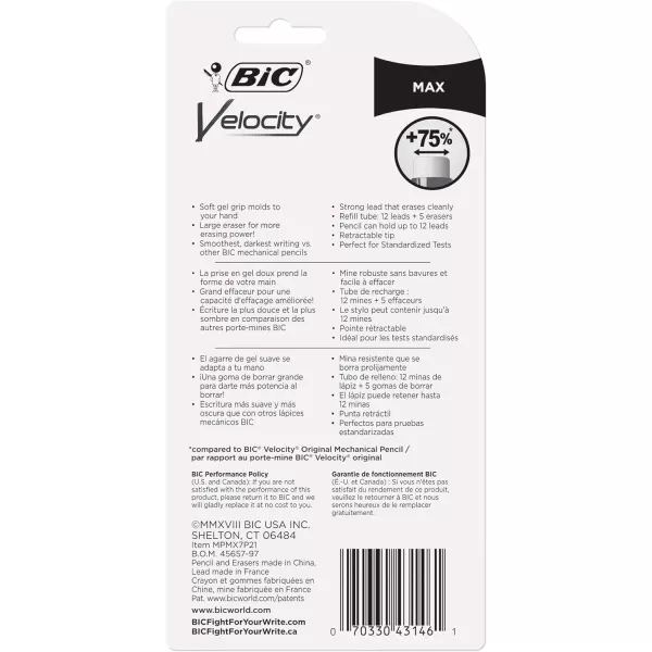 BIC Velocity Max Mechanical Pencils With Colorful Barrel Medium Point 07mm 2Count Pack Mechanical Pencils With Erasers and Lead Refills07mm Black Lead Pencils