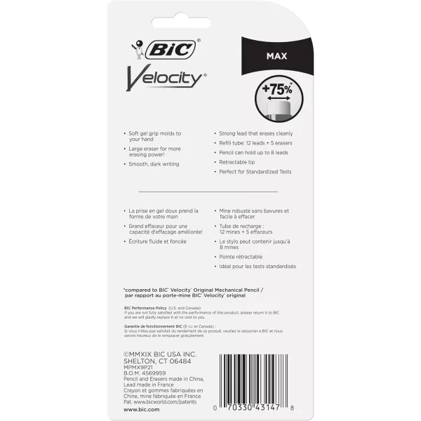 BIC Velocity Max Mechanical Pencils With Colorful Barrel Medium Point 07mm 2Count Pack Mechanical Pencils With Erasers and Lead RefillsBlack